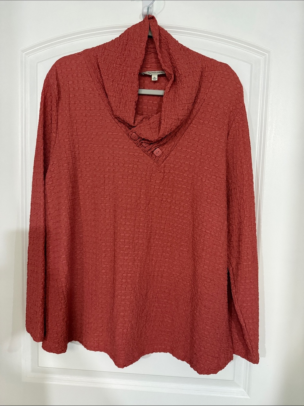 Cozy Textured Button-Collar Pullover - Brick Red